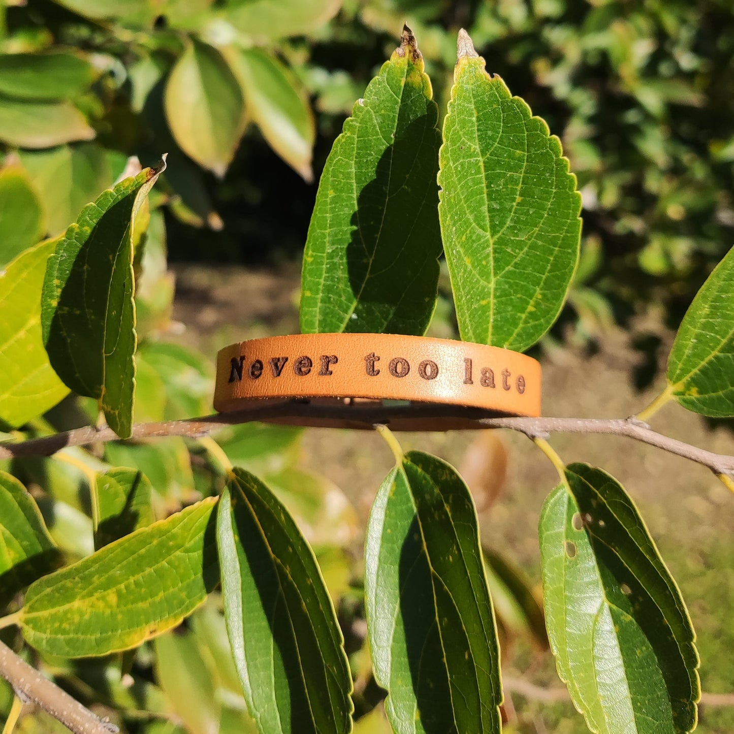 A brown leather bracelet with the phrase `Never too late´ engraved on it.