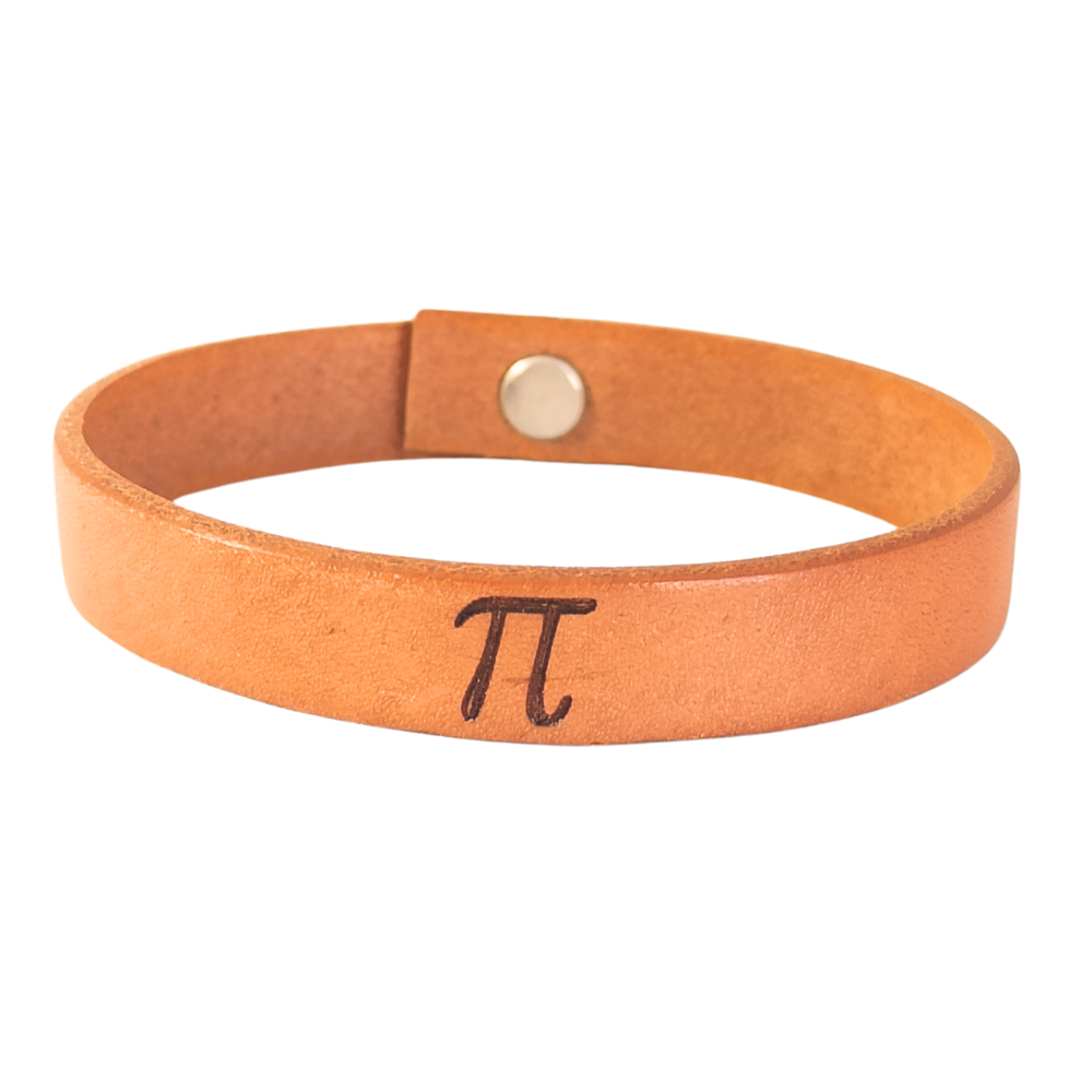 A brown leather bracelet with the pi symbol engraved on it.