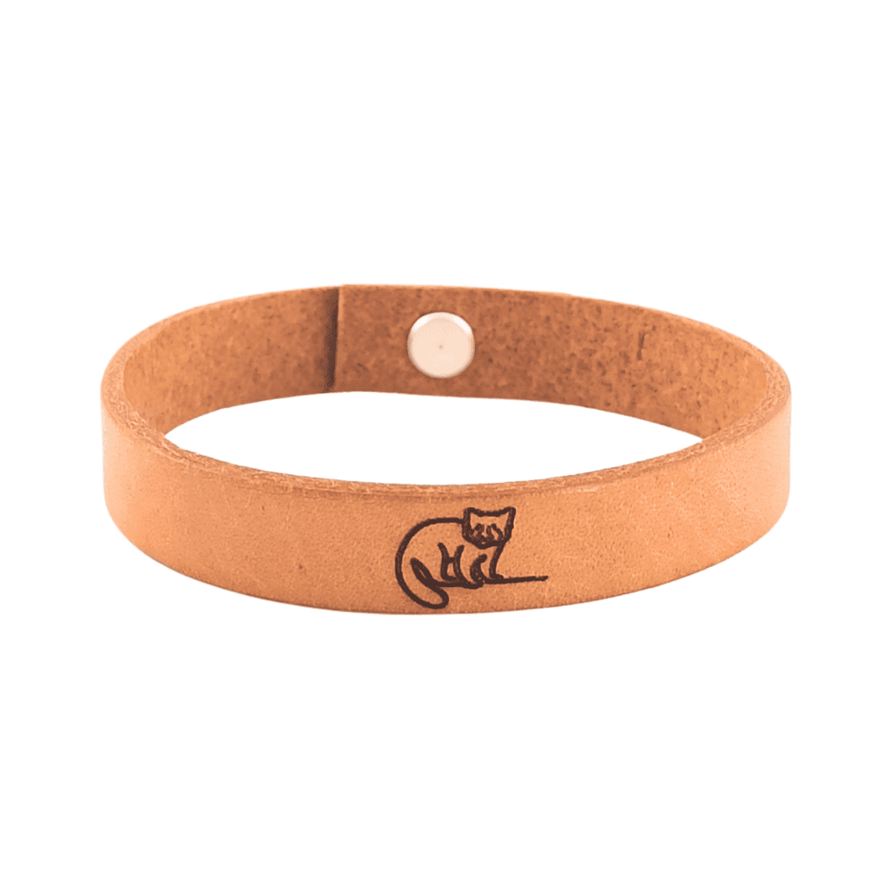 A brown leather bracelet with a  red panda engraved on it.
