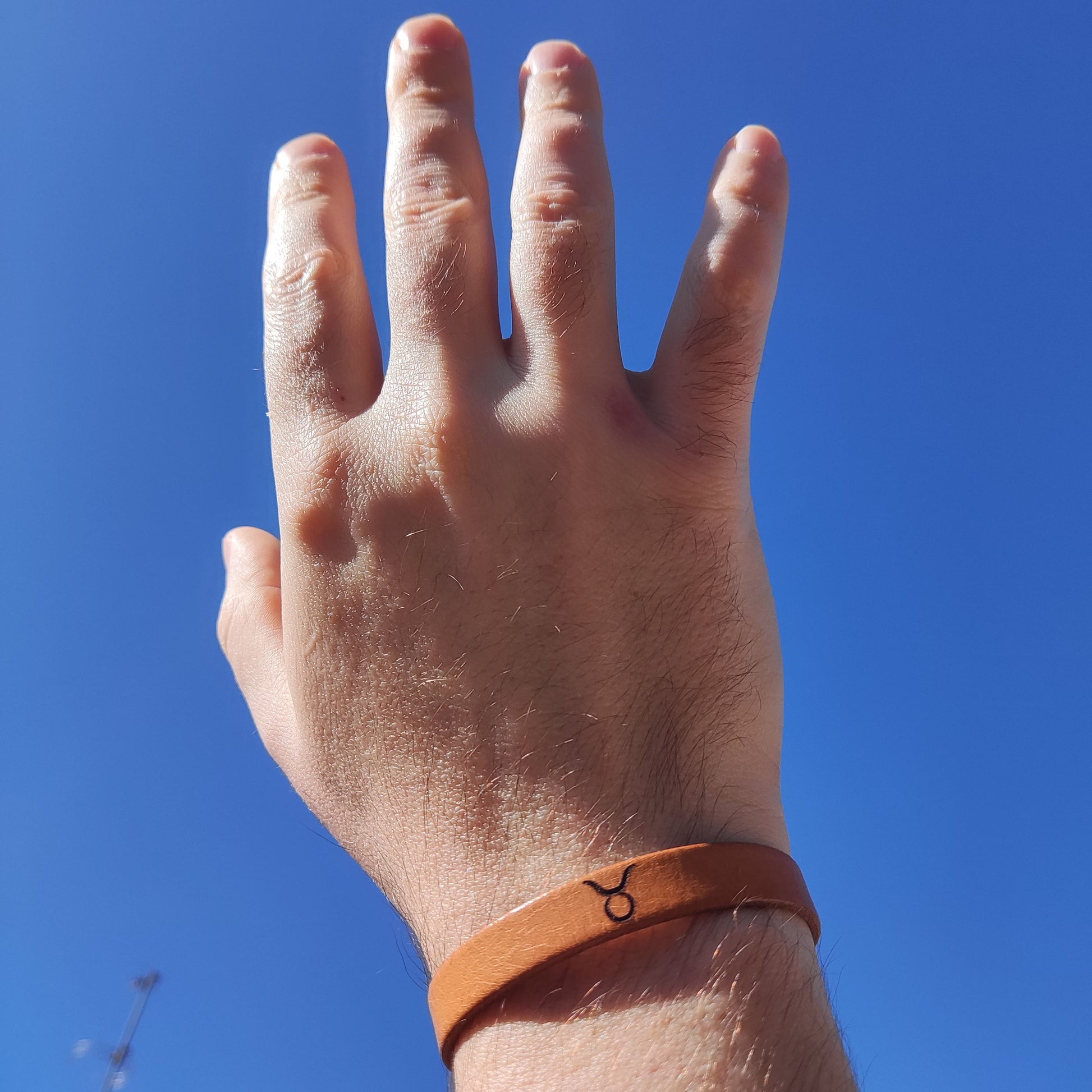 A brown leather bracelet with Taurus´ symbol engraved on it.